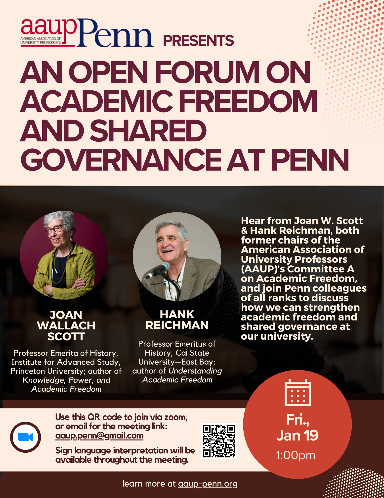 On Jan. 19: Open Forum for the Penn Community on Academic Freedom and Shared Governance, with Joan W. Scott and Hank Reichman