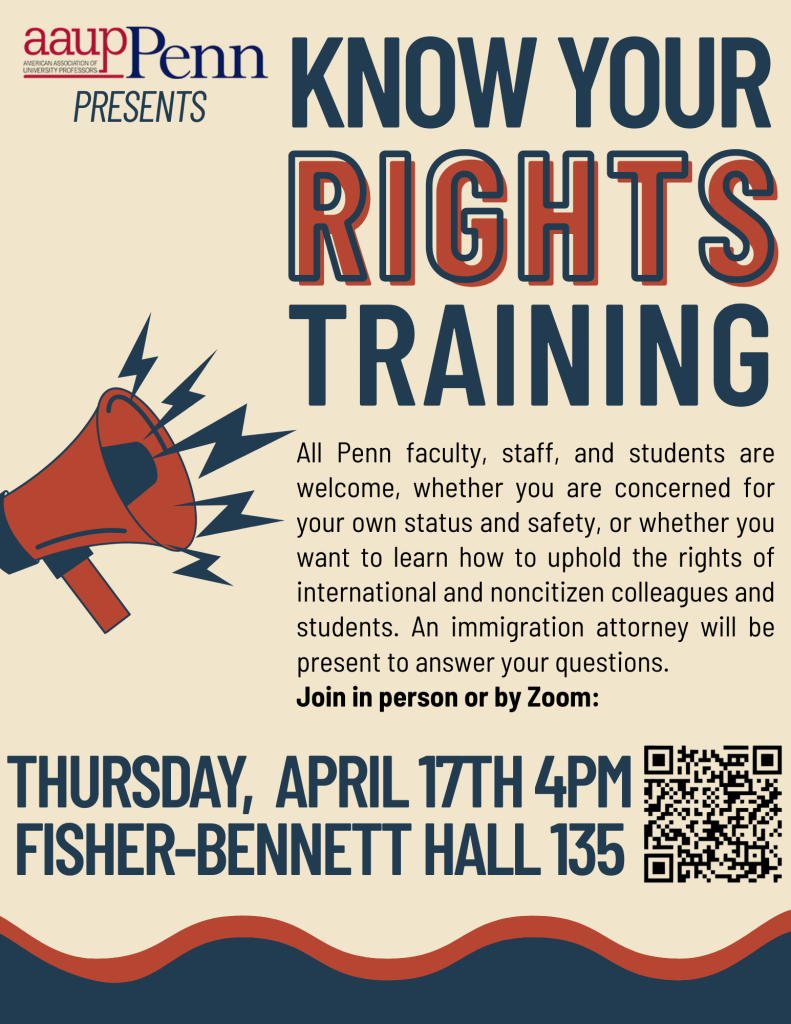 Know Your Rights Training poster: Tuesday, April 17, 4pm, Fisher-Bennett 135 (or via zoom)